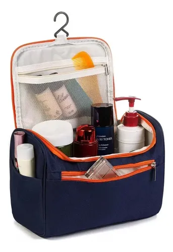 Organizador Neceser de Viaje con Percha Portacosméticos Mujer Plegable Impermeable Compartimentos Cremallera Maquillaje Aseo Baño Camping Compacto Levys Bazar Color Azul Naranja