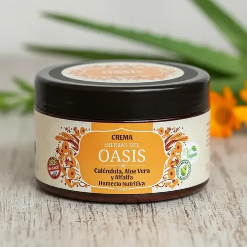 Crema con Caléndula, Aloe Vera Y Alfalfa Hierbas del Oasis Humecto Nutritiva x 250gr Vegan Sin Parabenos