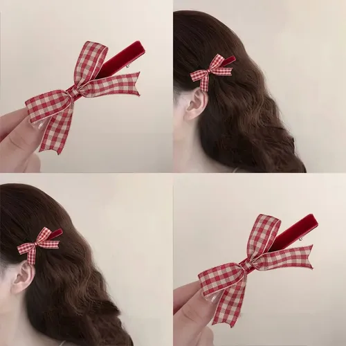 Pinza Para El Pelo Con Lazo Rojo A Cuadros: Accesorio De Hor