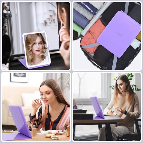 Espejo De Maquillaje Con Luz Led Plegable 25.5x19cm Morado