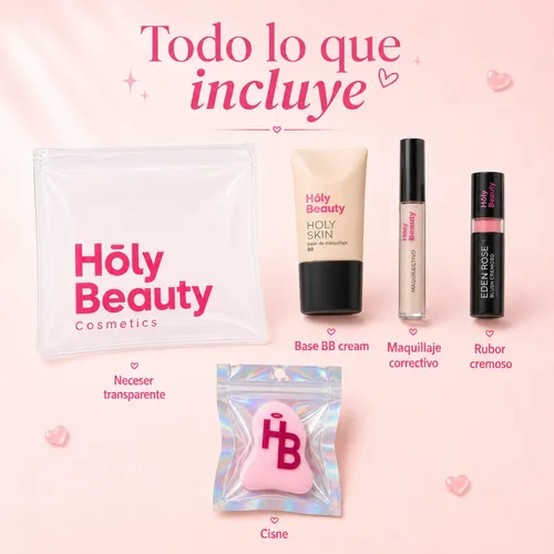 Combo Maquillaje Holy Beauty Con Base Rubor Corrector Cisne