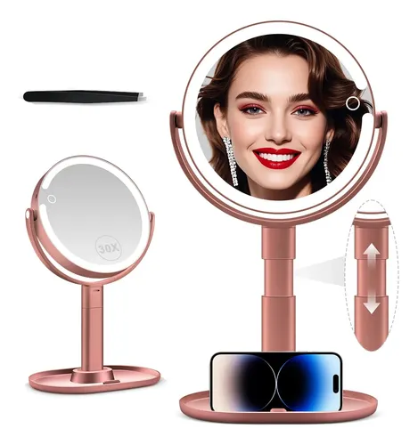 Espejo De Maquillaje Con Luz Led 30x Ajustable Rose