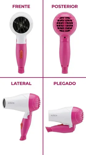 Secador Cabello Pelo Plegable Portatil 800w 2 Velocidades Frio Calor Rosa Viaje Cabina Hotel Hombre Mujer Cartera Bolso Mini Premium Liviano Comodo Resistente Profesional Familia Hogar Pocket