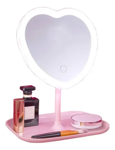 Espejo Maquillaje Corazón Luz LED 3 Tonos USB Blanco 30cm Con Bandeja