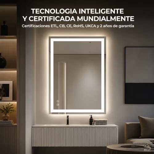 Espejo Luz Led 50×70 Rectangular Desempaña Baño Reversible