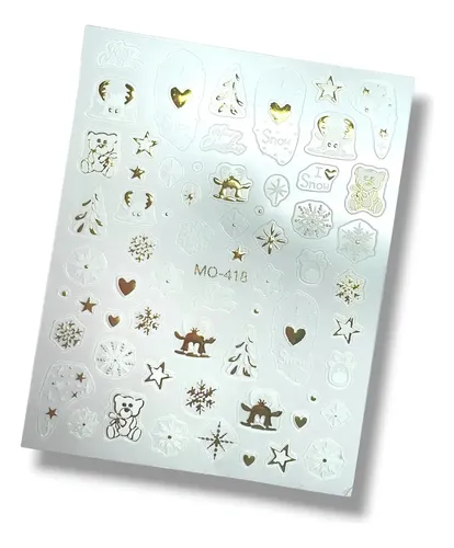 Stickers Para Uñas Cromados Destellos Moños Gemas 5d Y 6d Navidad dorado y blanco MO-418