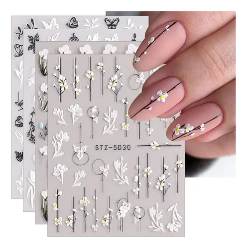 Pegatinas De Uñas De Arte Floral Grabadas En 3d, 5d, 4 Hojas