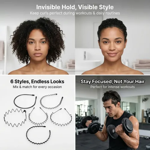 6 Diademas Unisex Onduladas De Metal + 5 Elásticos