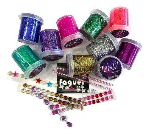 Kit Maquillaje Faguer Nails Party Box Glitter Gel + Strass Autoadhesivo