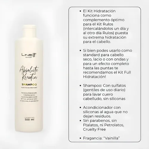 Kit Tratamiento Hidra Hidrolized Pelo Seco & Rulos Shampoo y Acondicionador Absolute Keratin, con Keratina Hidrolizada que penetra reparando y sellando Cutílas Antifrizz, Producto Profesional, Line Up