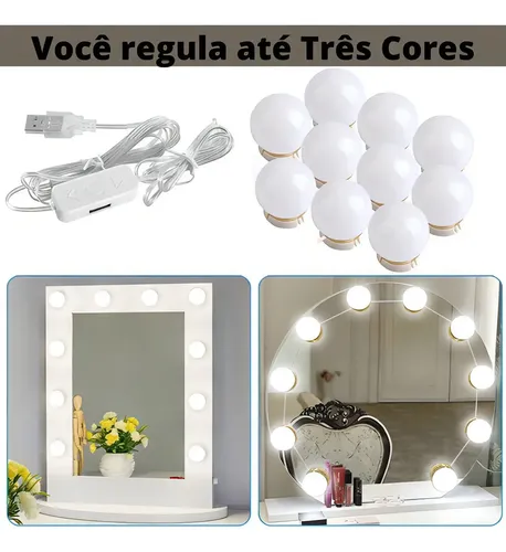 A Kit 10 Espejo Vestidor Luz Led Maquillaje 3 Tonos ,