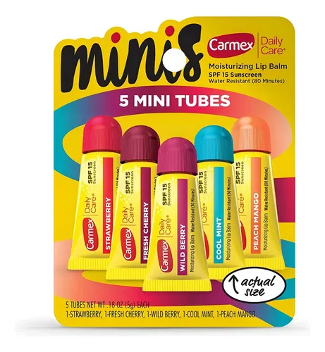Carmex Bálsamo Labial Mini Pack 5 Sabores (Cereza, Mora Salvaje, Fresa, Menta Fresca, Mango-Durazno) | Hidratante con Protección Solar SPF 15, Suaviza y Hidrata Labios Secos y Agrietados