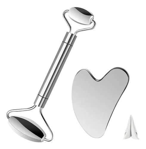 F 2x Rodillo Facial De Acero Inoxidable Gua Sha Tool Face