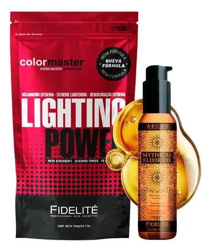 Kit Polvo Decolorante Color Master Fidelite 700gr Super Aclarante Hasta 7 Tonos White + Serum Oleo Extraordinario Mythical Argan 120ml Anti Frizz Reparador Puntas Brillo Supremo Pelo Protector Termico
