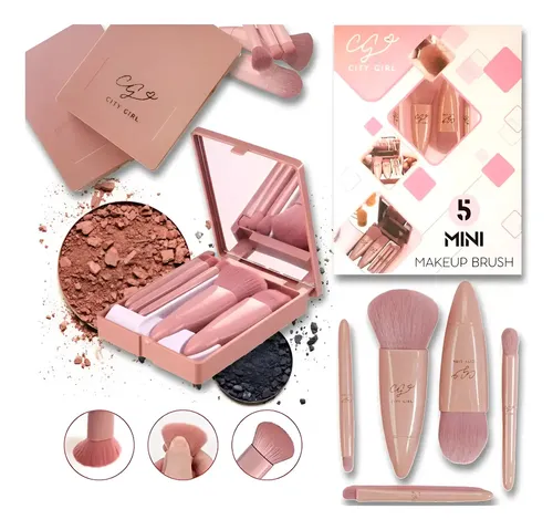 Set Viajero Mini Brochas X5 Con Estuche Y Espejo Ideal Cute