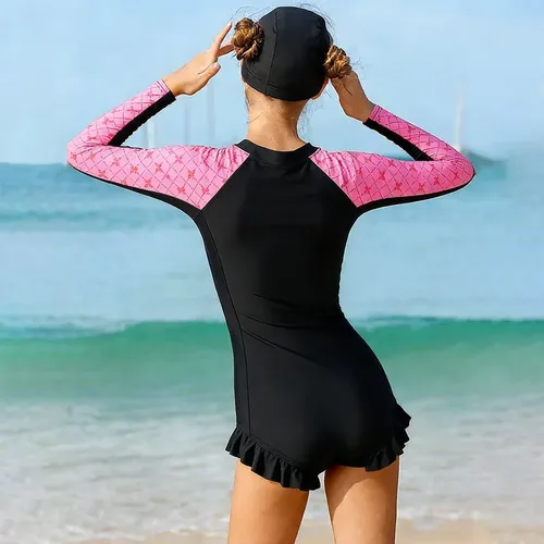 Traje De Baño De Una Pieza Niña Manga Larga Con Gorro