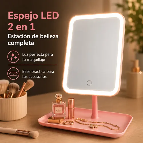 Espejo Maquillaje Led Con Luz Y Organizador Mesa Usb