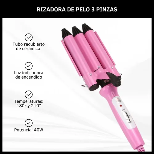 Buclera Rizador Pelo Dinax Triple Cerámica Barril Rosa 2.5cm