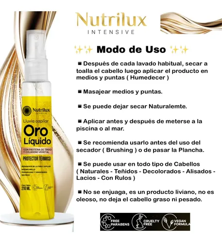 Protector Térmico Oro Liquido 210ml Formula Vegana Antifrizz