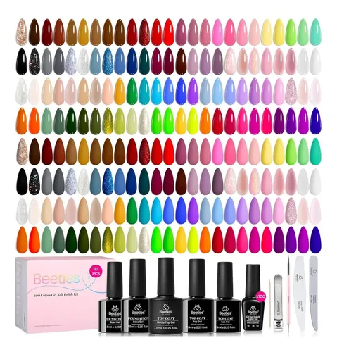 Set Esmalte Gel Uñas Beetles 100 Colores Con Base Y Top