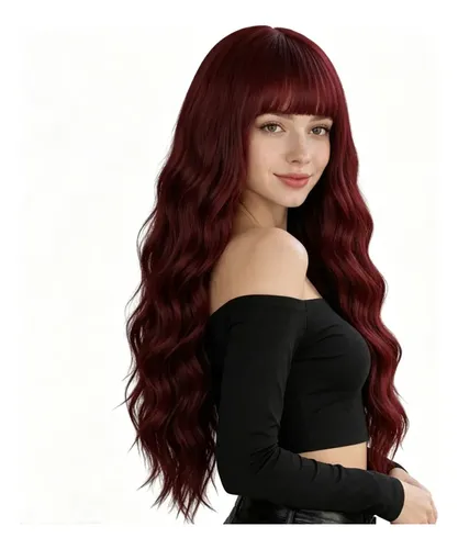 Peluca Larga Ondulada Con Flequillo Mujer Burgundy M