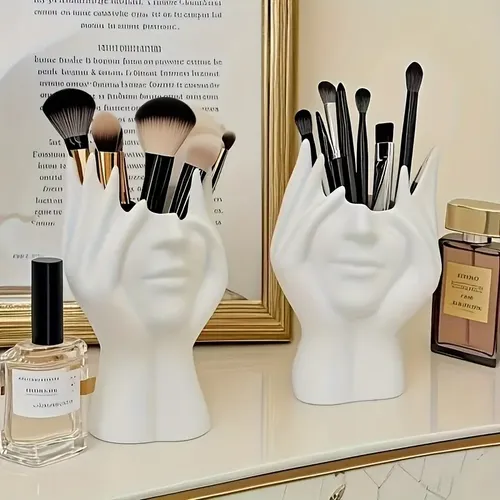 Organizador Porta Brochas De Maquillaje Diseño Manos Rostro Blanco