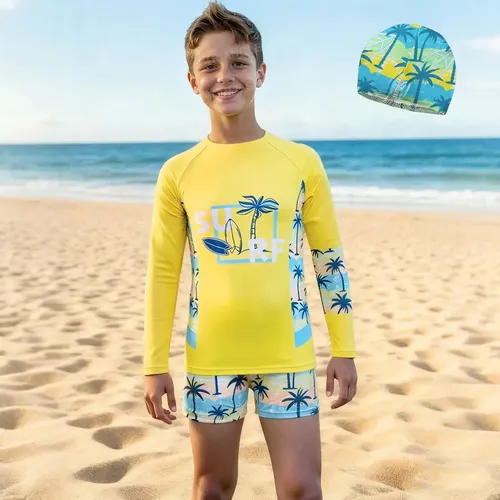 Traje De Baño Niño 2 Piezas Manga Larga Con Gorra Upf50+