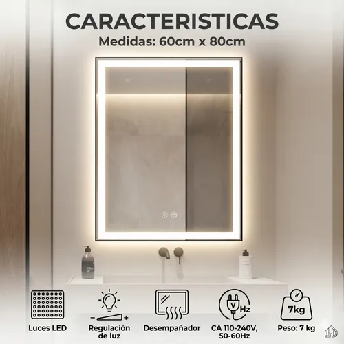 Espejo Rectangular Baño 60×80 Led Desempañante Tactil