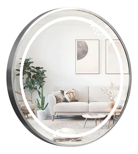 Espejo Redondo 50 Cm Circular Luz Led Marco De Aluminio Marco Plateado