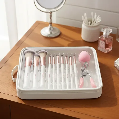 Set Brochas Cosmeticas Con Estuche Transparente Y Rizador