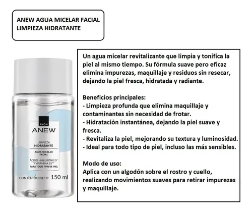 Agua Micelar Con Acido Hialurónico Vit B3 150ml Anew Avon