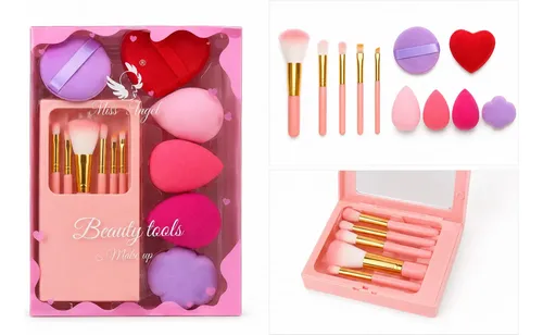 Set De Esponjas Y Brochas Estuche Y Espejo Makeup Lefemme
