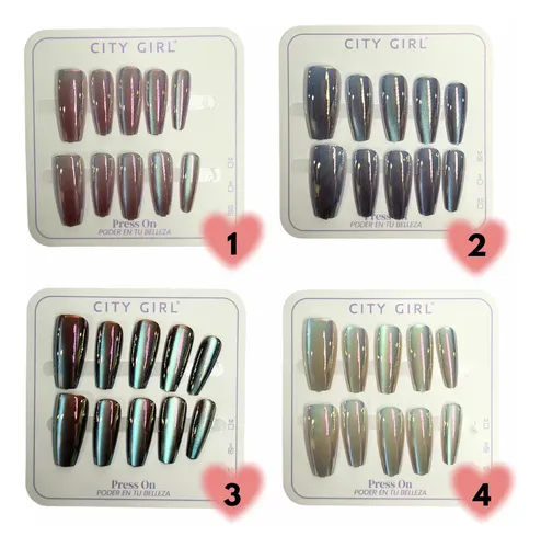 Kit Uñas Postizas Coffin Press On Efecto Aurora Con Adhesivo