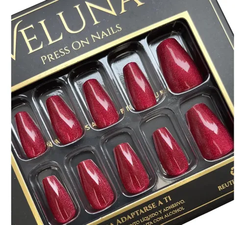 Uñas Press On Nails Veluna Reutilizables Diseños Variados Color Crimson Red Glitter