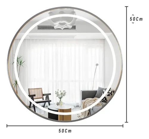Espejo Redondo 50 Cm Circular Luz Led Marco De Aluminio Marco Plateado