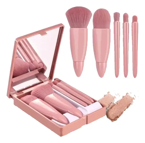 Set Brochas De Maquillaje X5 Estuche Y Espejo Portatil