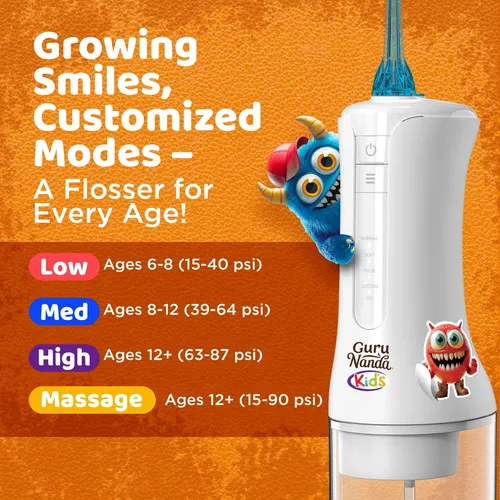 Hilo Dental Portátil Gurunanda Para Niños – 4 Modos, 4 Punta Blanco
