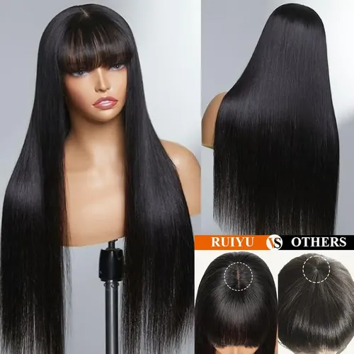 Cabello Humano Liso Ruiyu De Wigs Con Flequillo, Densidad De