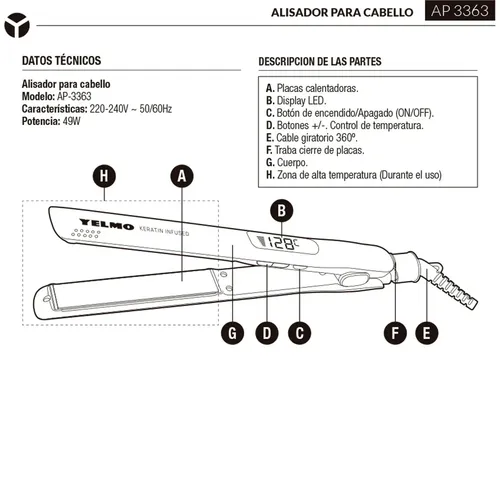 Plancha De Pelo Yelmo Ap-3363 Titanio Keratin 230c Led