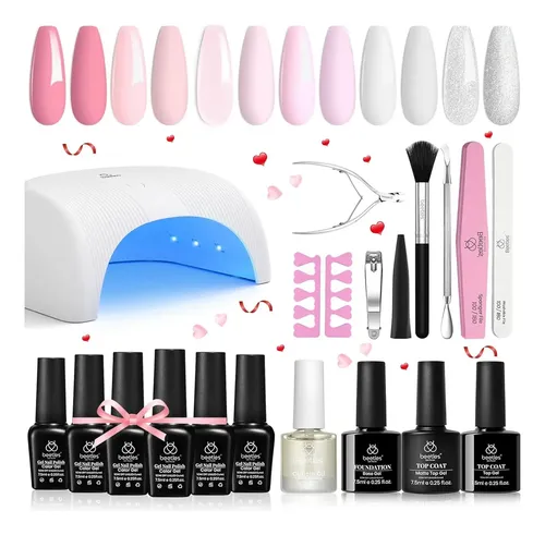 Kit Esmalte Gel Uv 6 Colores Rosa Nude Blanco Brillo
