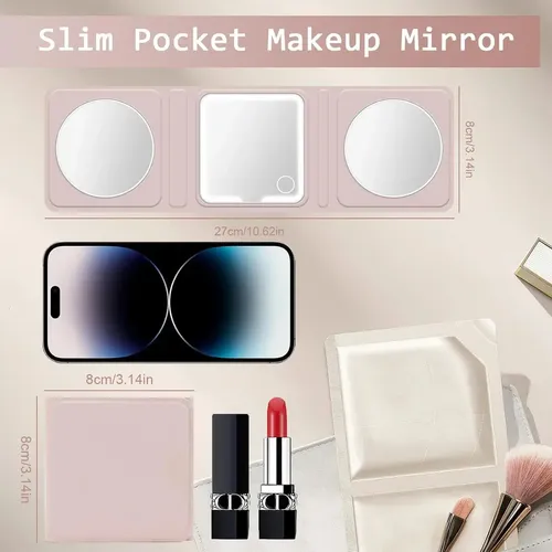 Espejo de Maquillaje Recargable con Luz LED y Aumento 5X/10X para Bolso Rosa