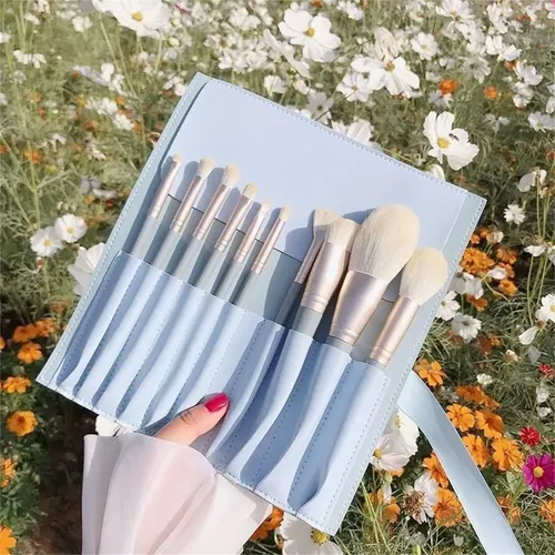 Set 10 Pinceles De Maquillaje Con Estuche Portátil Azul