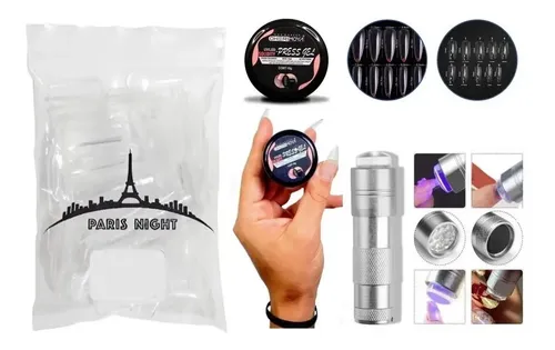 Kit Soft Gel 50 Tips Paris Night + Gel Solido + Linterna Uv.