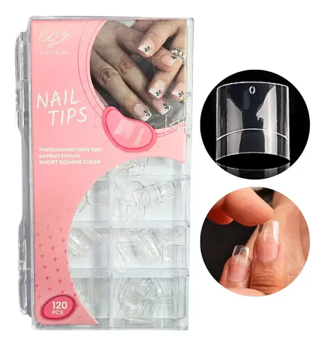100 Uñas Postizas Cuadradas Cortas Transparente Acabado Brillante