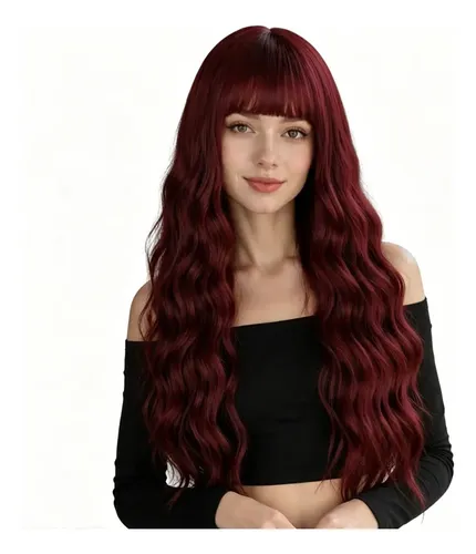 Peluca Larga Ondulada Con Flequillo Mujer Burgundy M