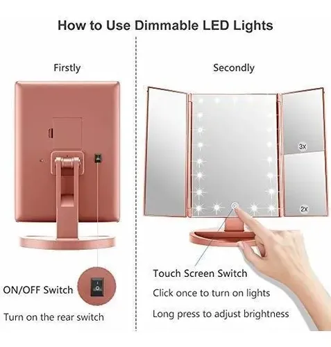Espejo De Pie Triple Aumento, Led, Pantalla Tactil Rosa Gold