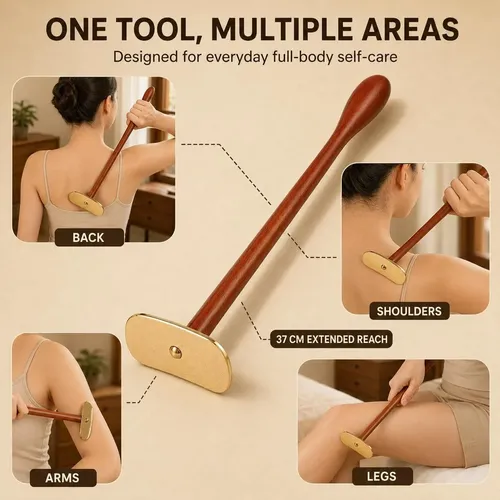 Herramienta Gua Sha Mango Largo Madera Pera Y Latón
