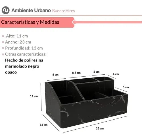 Organizador De Maquillaje Simil Marmol Negro 23 X 13 Cm Negro