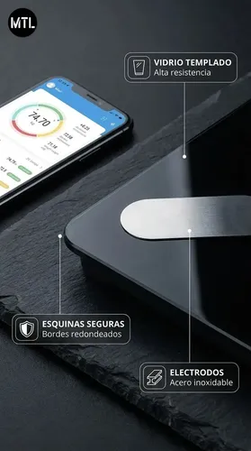 Balanza Digital Baño MTL Bluetooth 180kg Vidrio Templado Sensor Alta Precision Pantalla Lcd Encendido Automatico Diseño Slim Antideslizante Hogar Control Peso Salud Fitness App