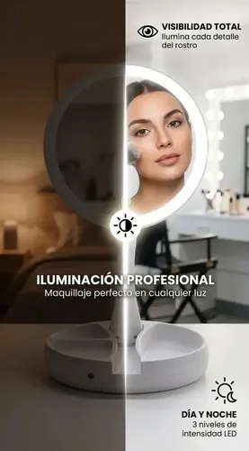 Espejo De Maquillaje Redondo Plegable Usb Pila Luz Led Zoom
